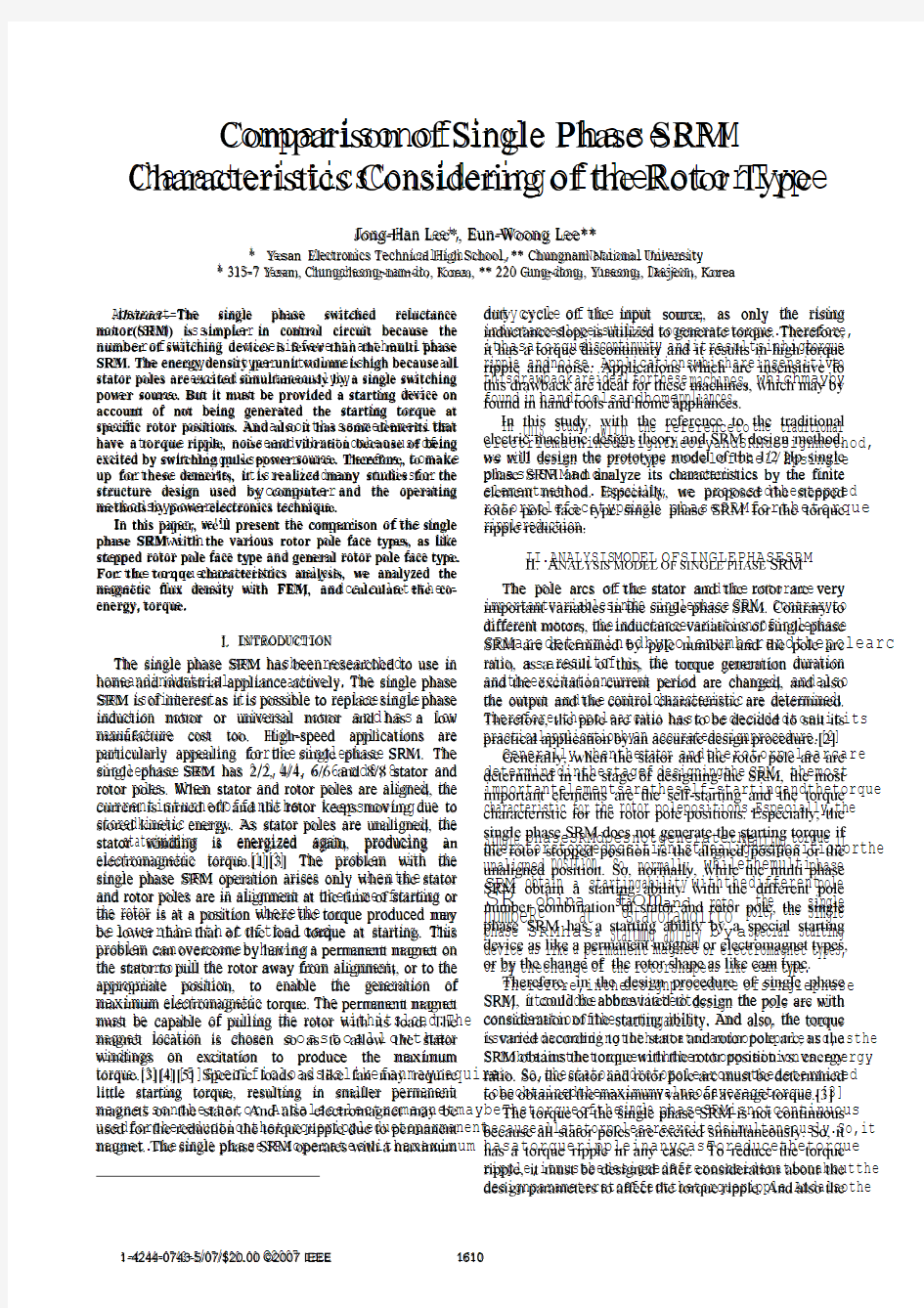 Comparison of Single Phase SRM Characteristics Considering of the Rotor Type