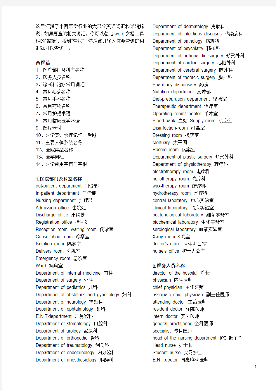 医学英语翻译常用专业词汇