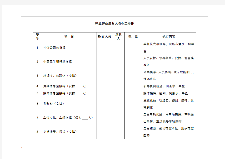 开业庆典人员分工安排表