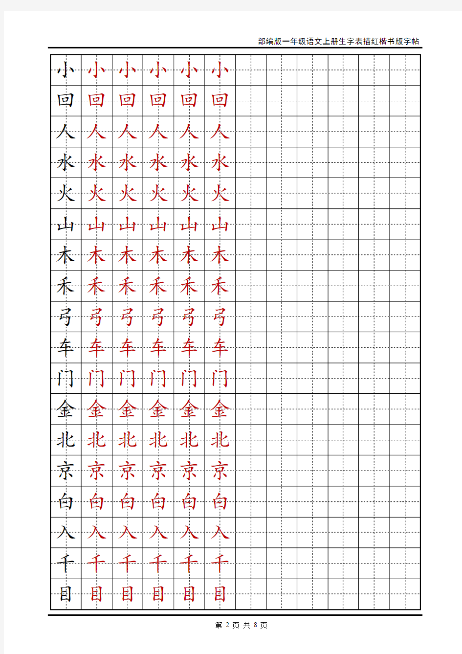 部编版一年级语文上册生字表描红楷书版字帖[最新版可直接打印]