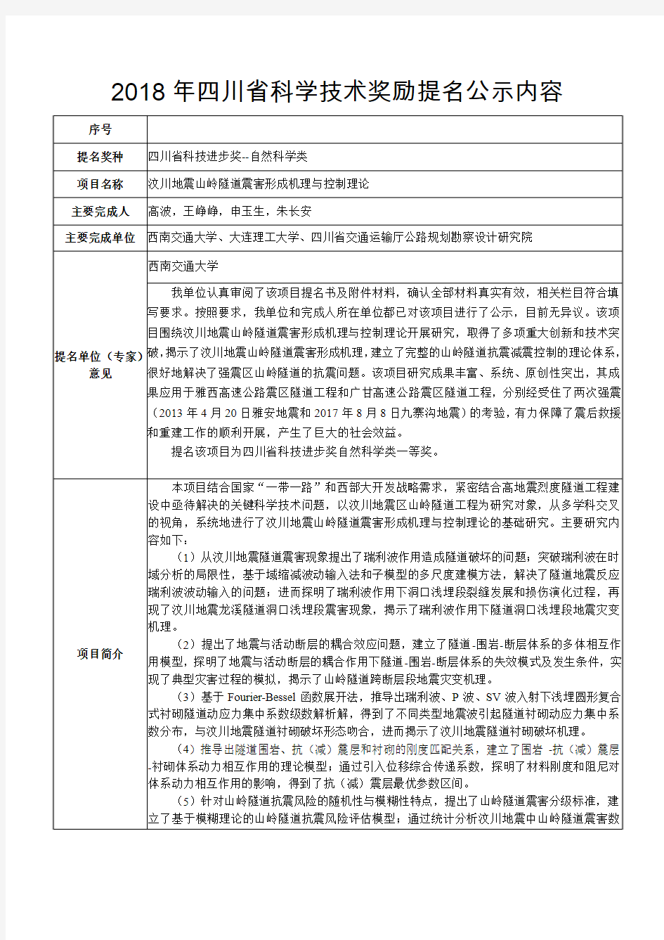 2018年四川科学技术奖励提名公示内容