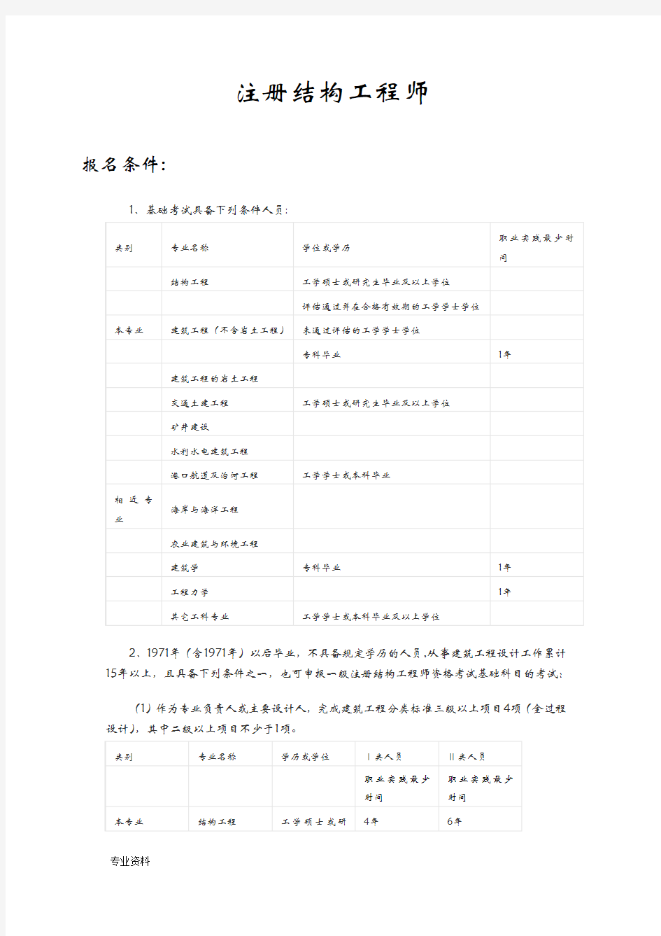 一二级注册结构工程师报考条件