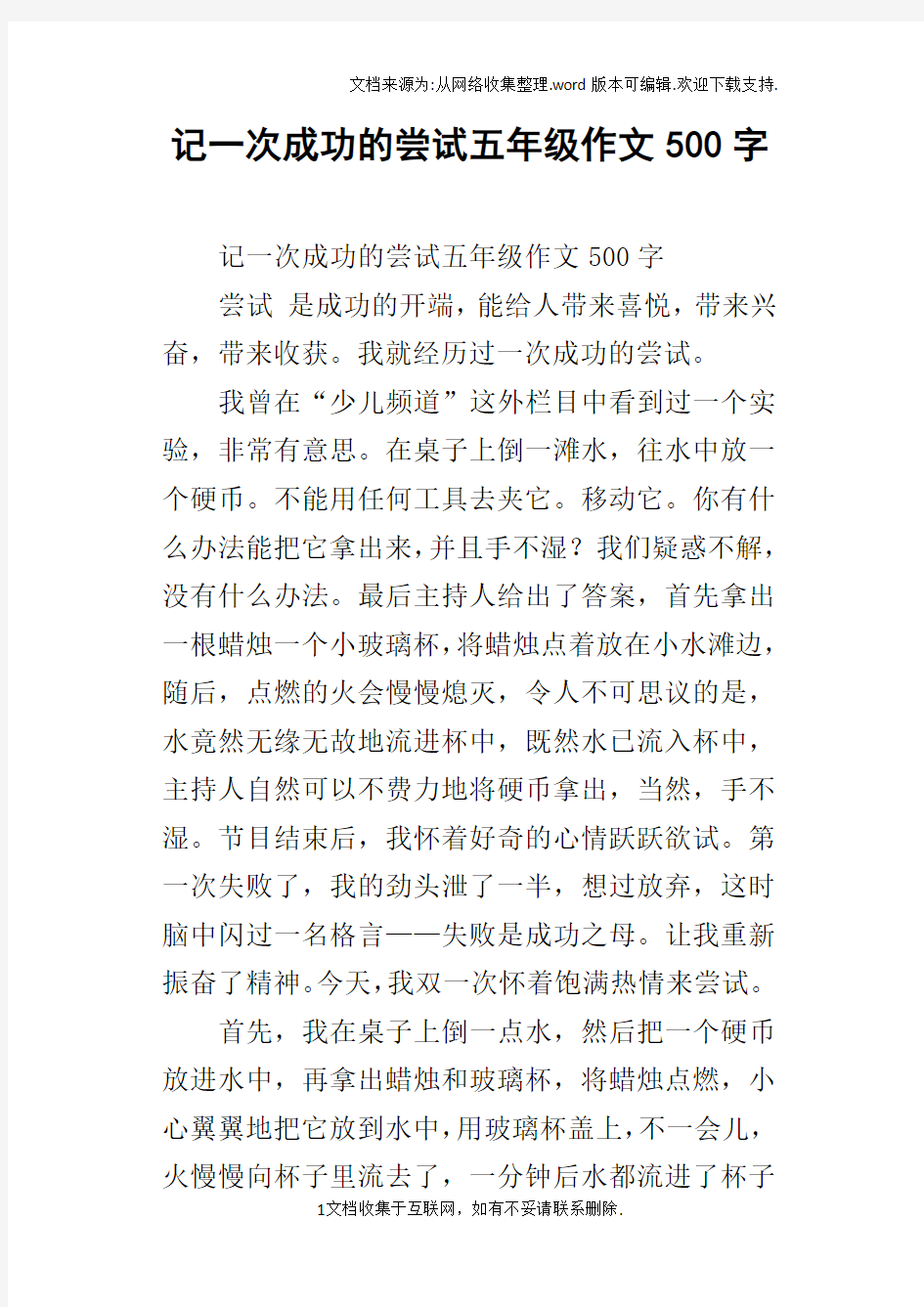 记一次成功的尝试五年级作文500字