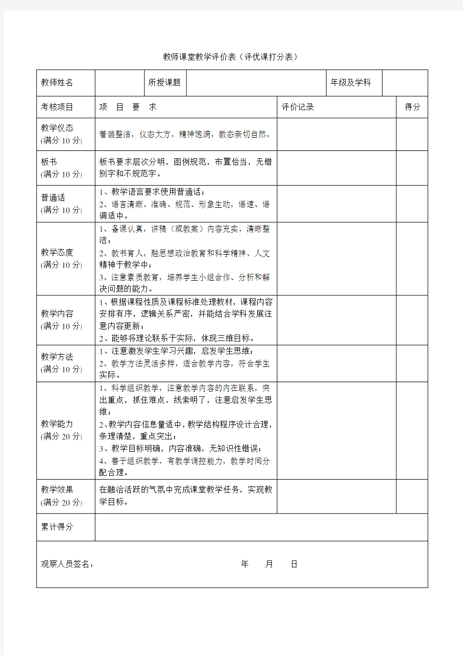 教师课堂教学评价表