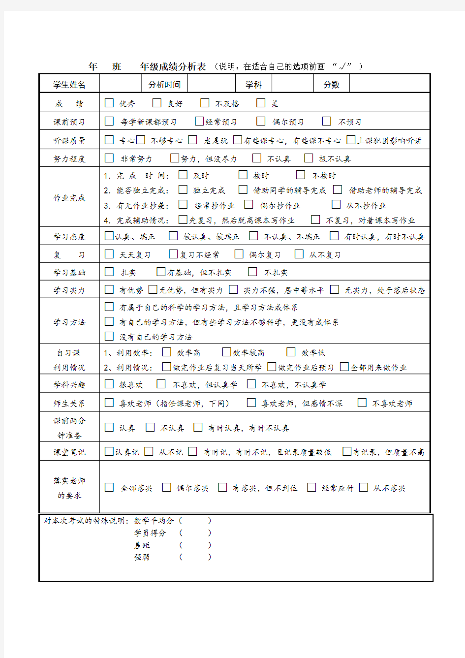 数学成绩分析表