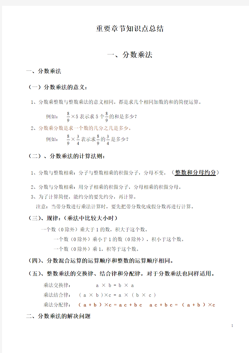 小学六年级数学章节重要知识点总结