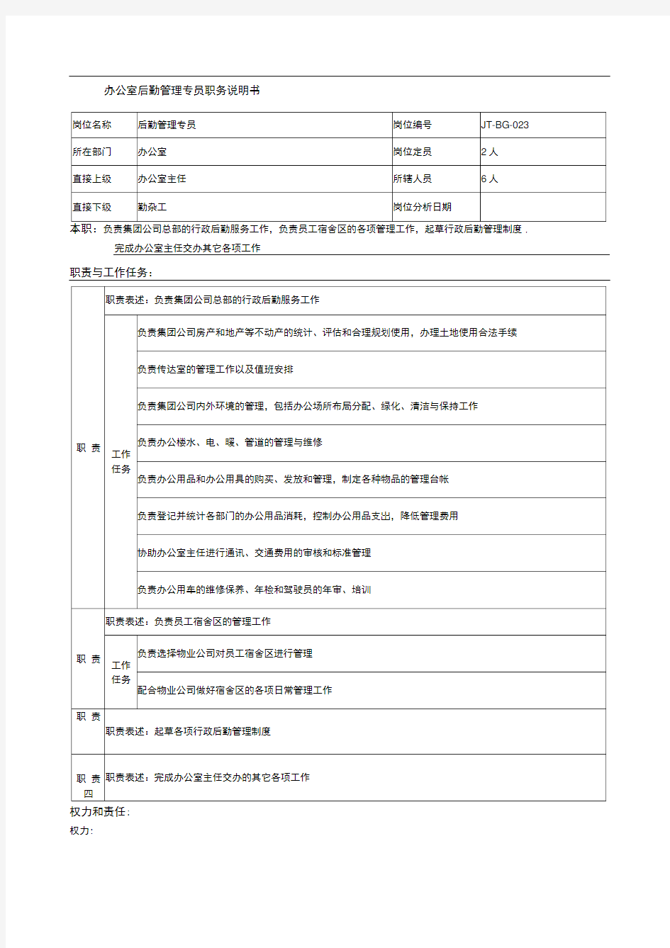 办公室后勤管理专员岗位说明书