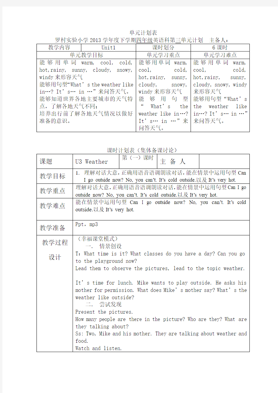 人教版四年级英语下册Unit3集体备课电子教案(英语教案)