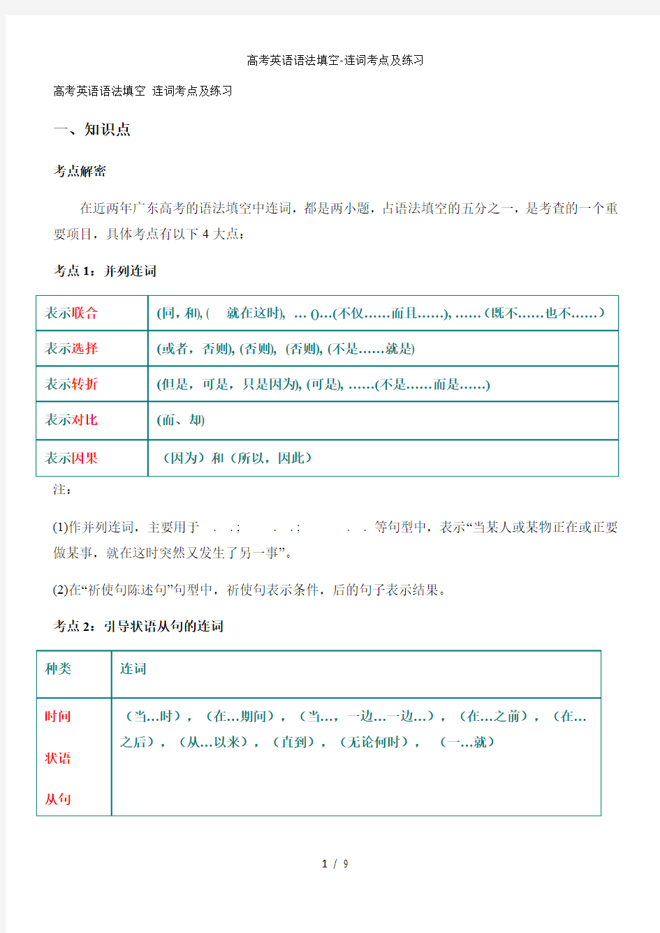 高考英语语法填空-连词考点及练习