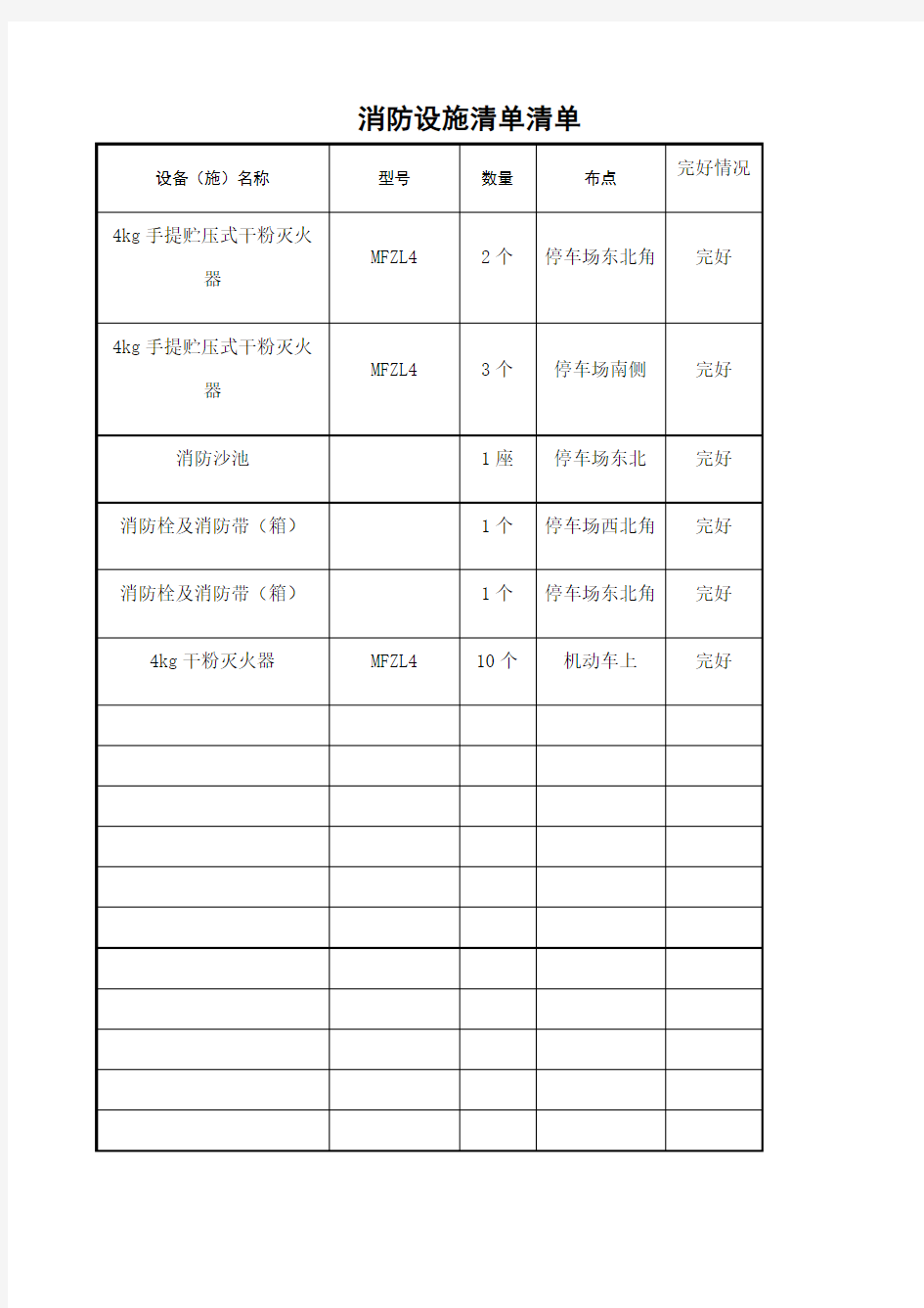 消防设施清单一览表