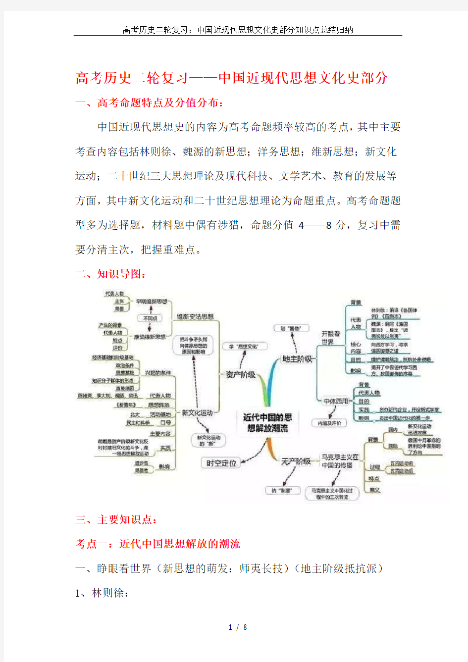 高考历史二轮复习：中国近现代思想文化史部分知识点总结归纳