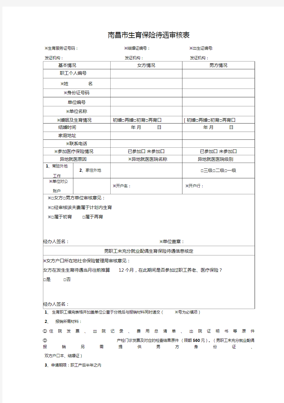 南昌市生育保险待遇审核表及报销条件和材料