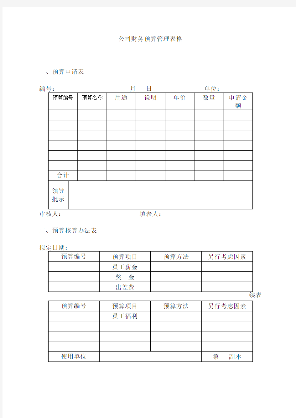 公司财务预算管理表格