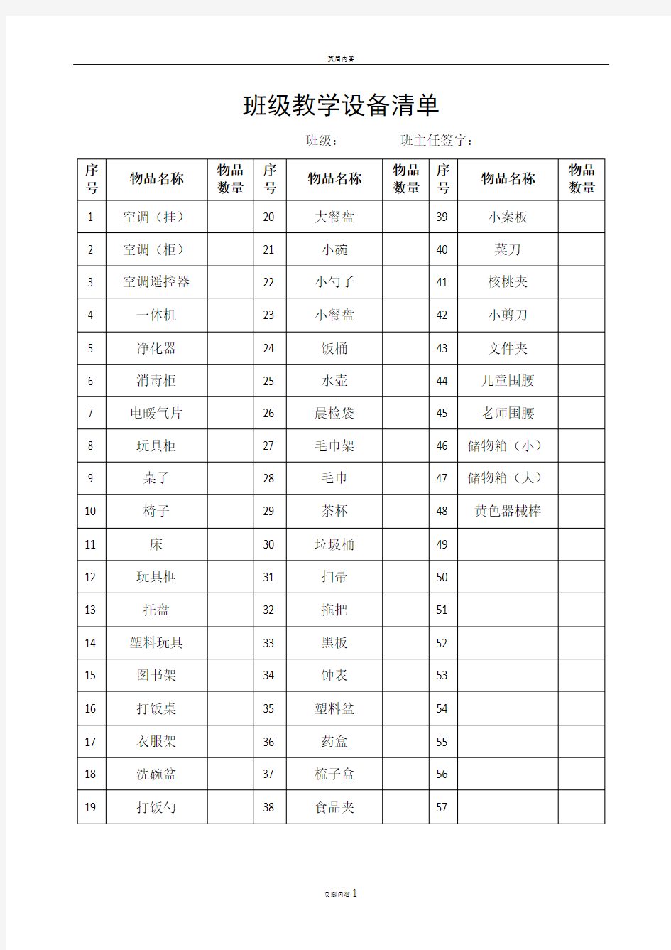 幼儿园班级教学设备清单