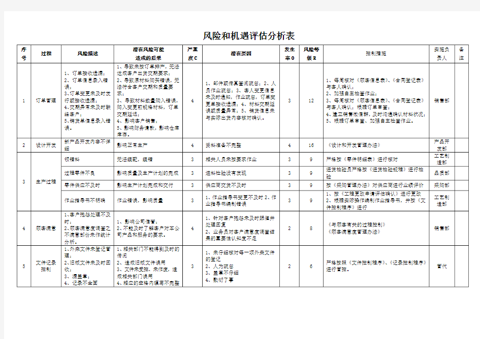 风险和机遇评估分析表