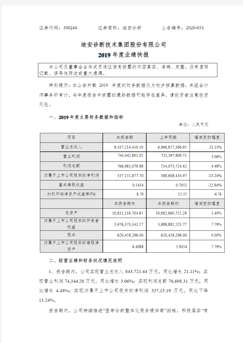 迪安诊断：2019年度业绩快报