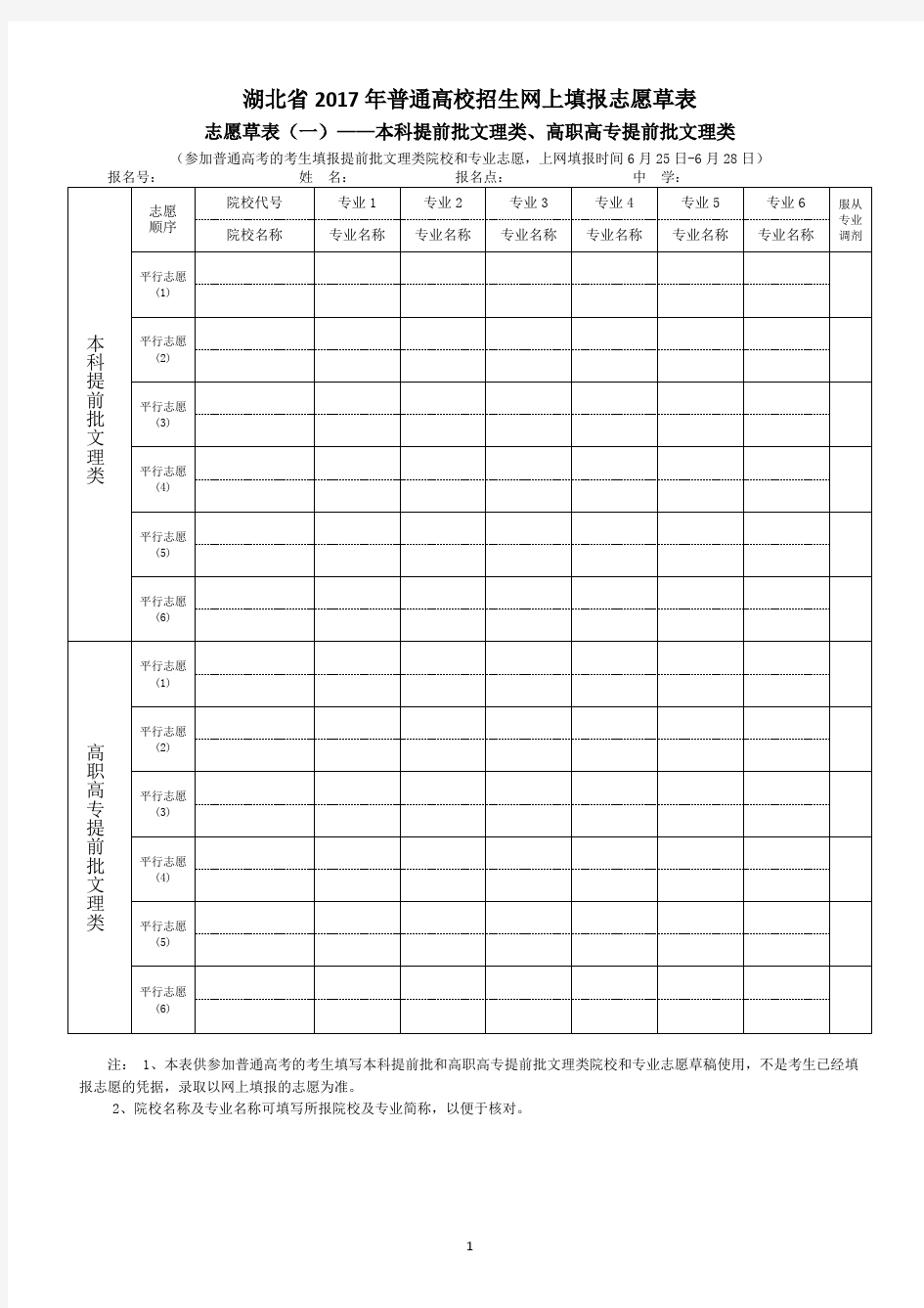 湖北省2017年普通高校招生志愿草表及填写说明