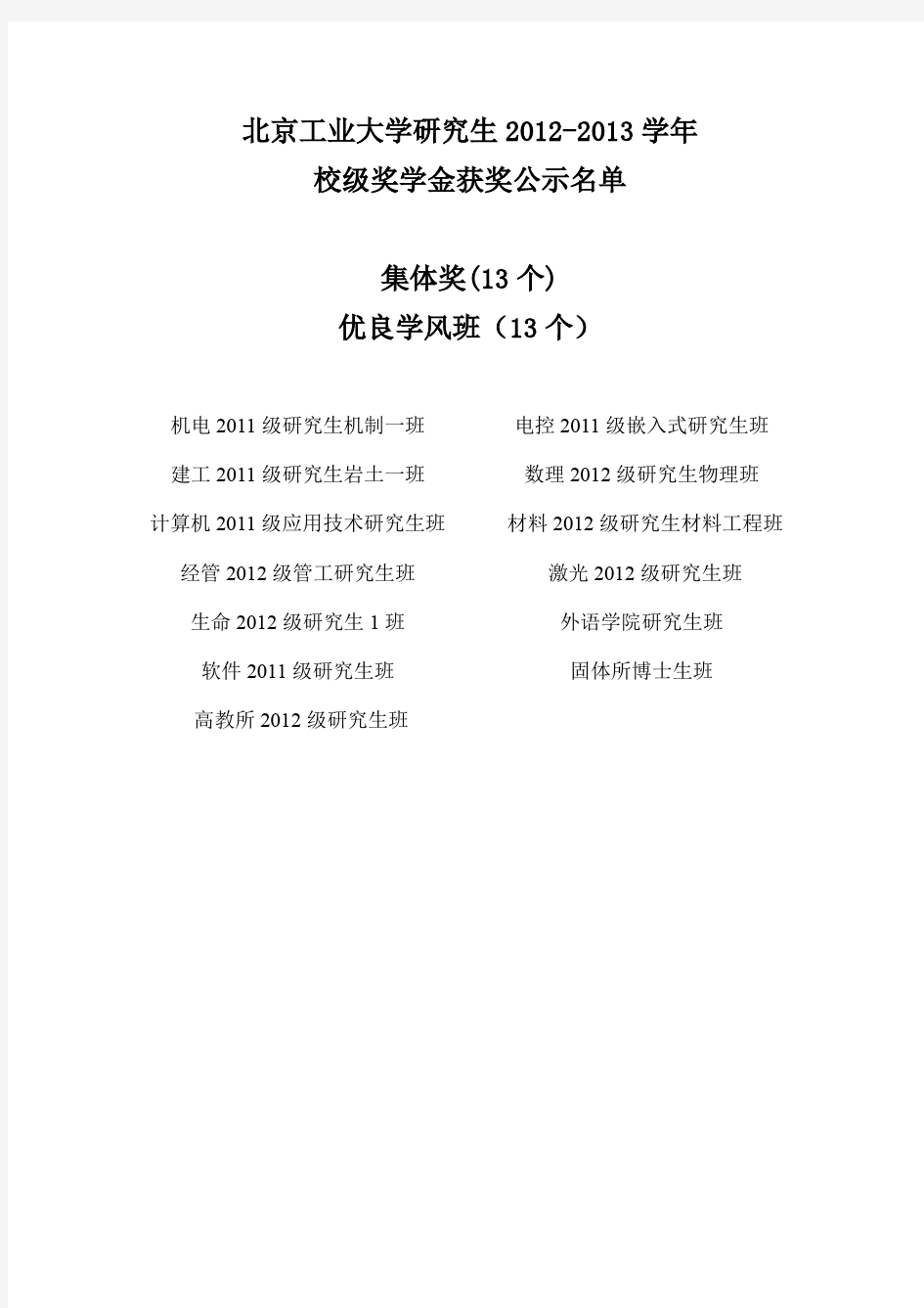 北京工业大学2012-2013学年研究生奖学金获奖公示名单