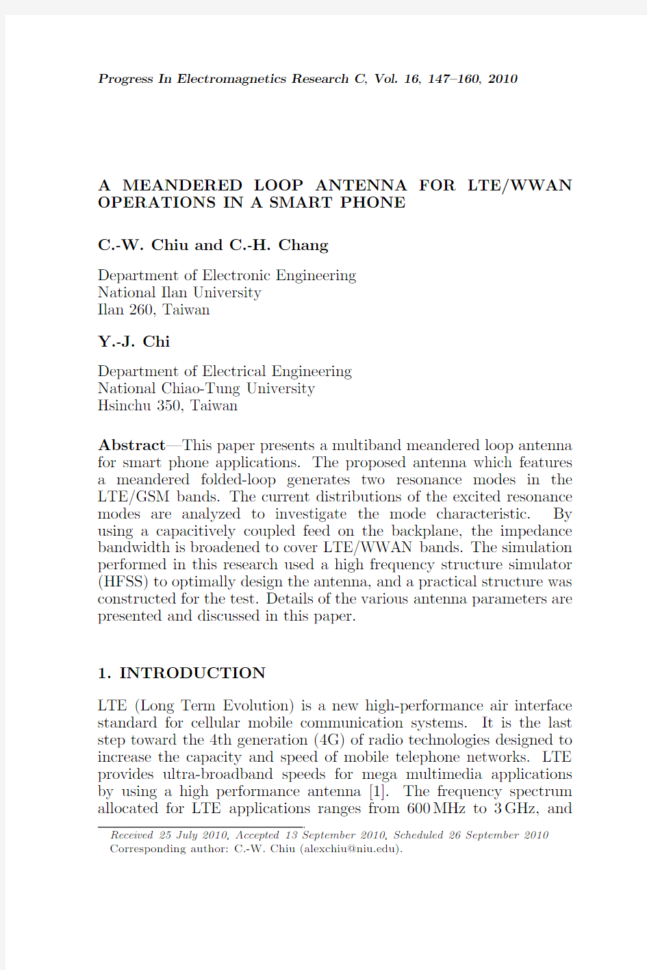 A Meandered Loop Antenna for LTE／WWAN Operations in A Smart Phone