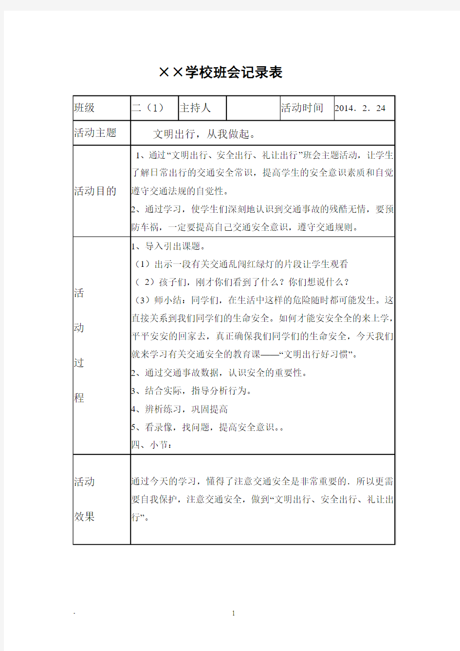 ××学校班会记录表