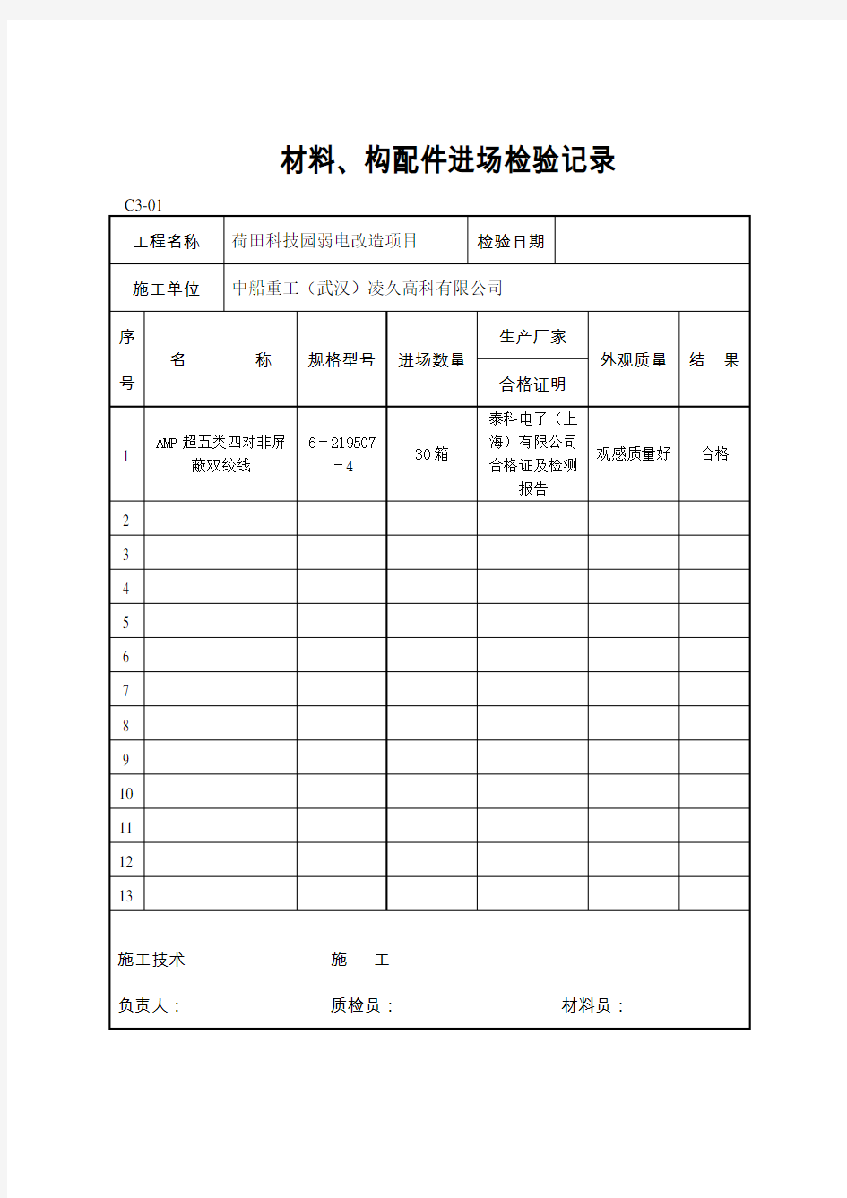 材料进场报验表网线