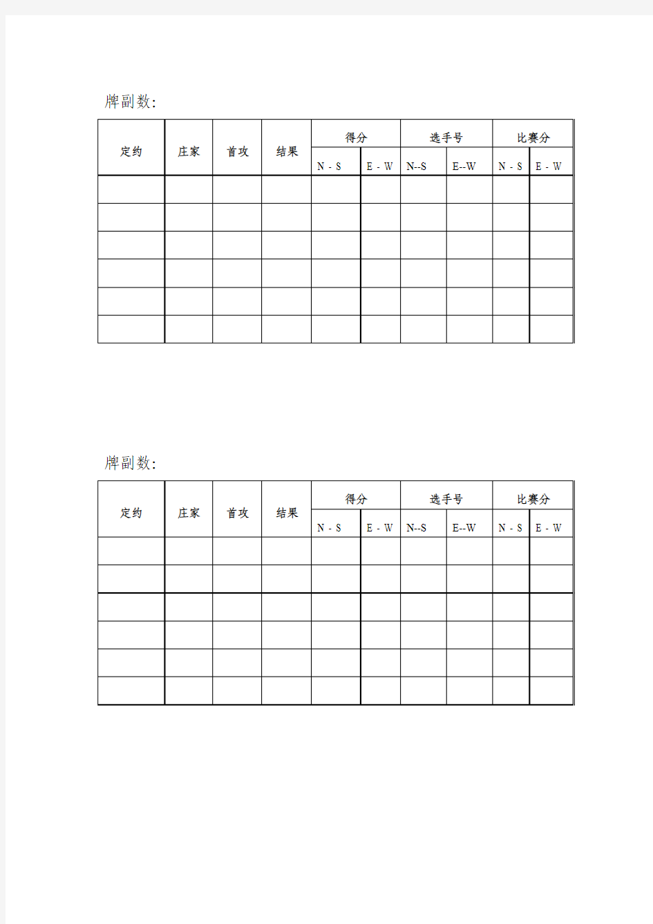 桥牌双人赛记分表