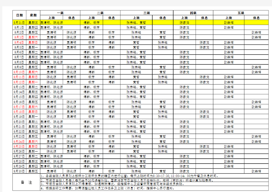 2011年巡检人员排班表