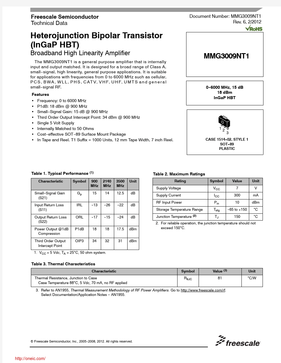 MMG3009NT1;中文规格书,Datasheet资料