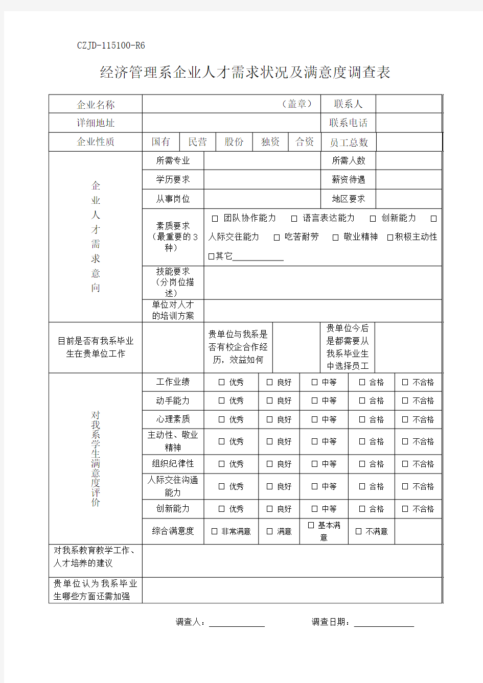 企业人才需求状况及满意度调查表