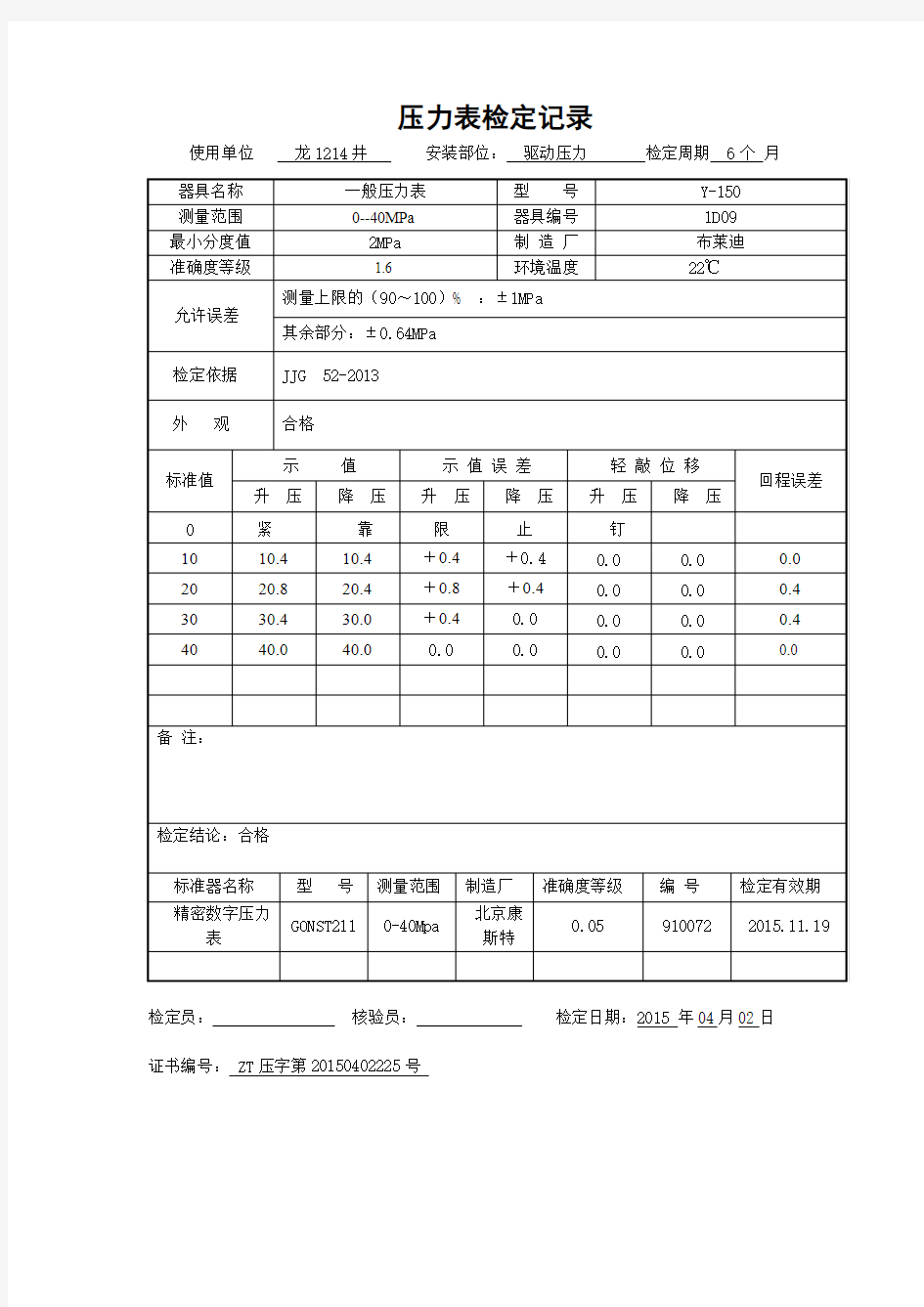 一般压力表检定证书 Y-60 0-40MPa