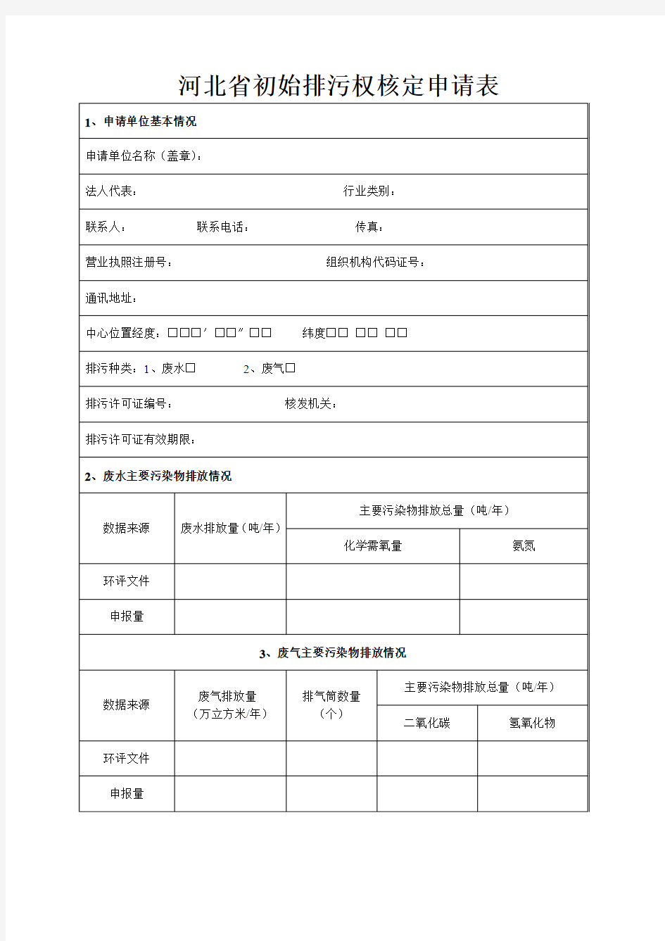 河北省初始排污权核定申请表