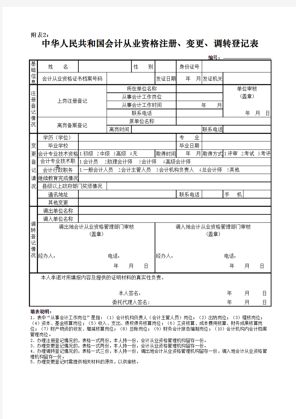 中华人民共和国会计从业资格注册、变更、调转登记表