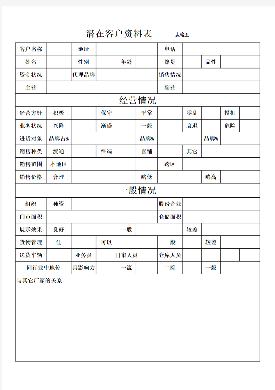 潜在客户资料表、表格5