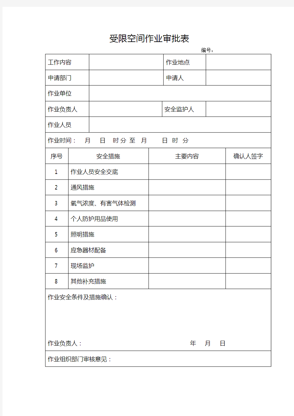 受限空间作业审批表