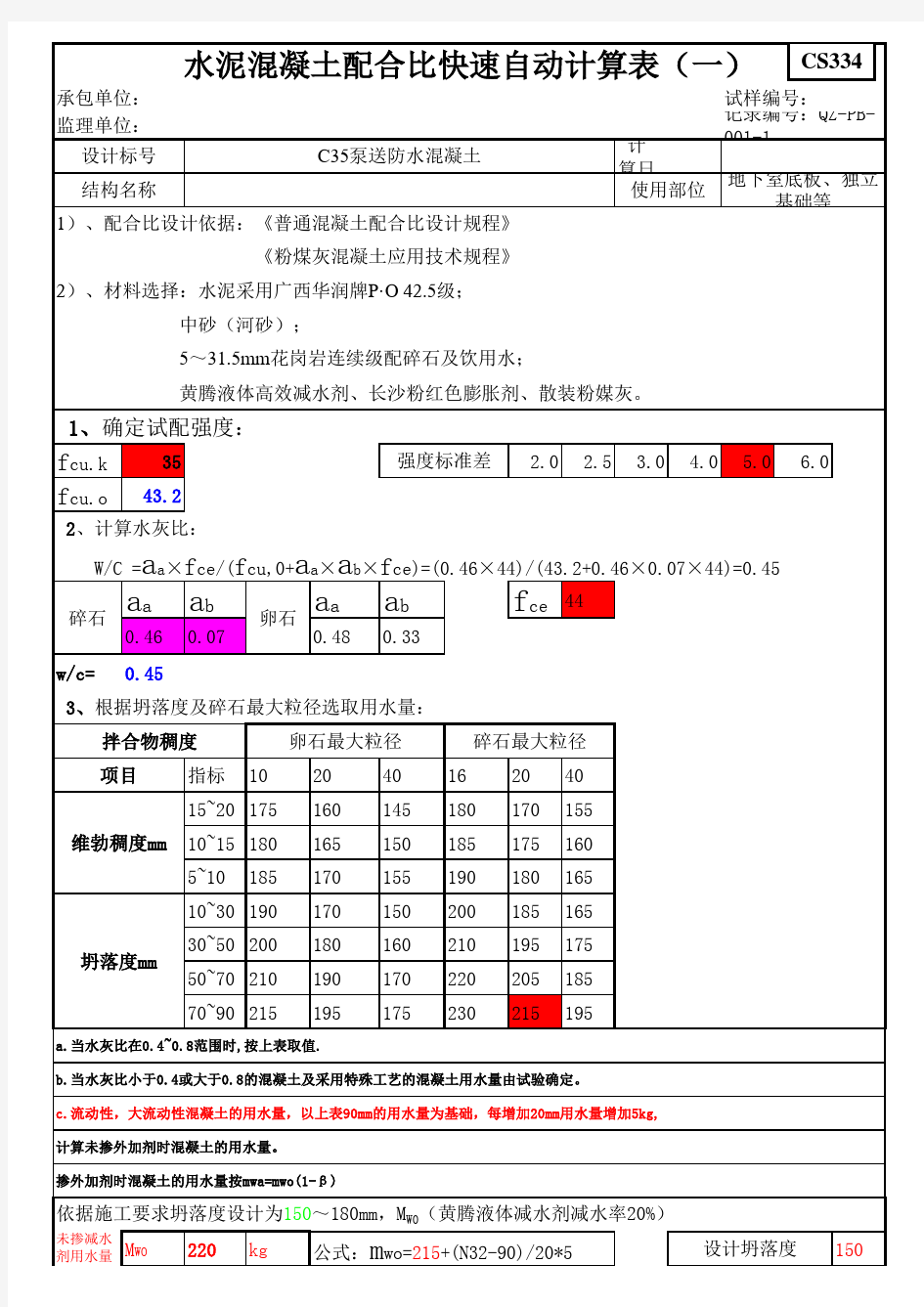 混凝土配合比快速自动计算表