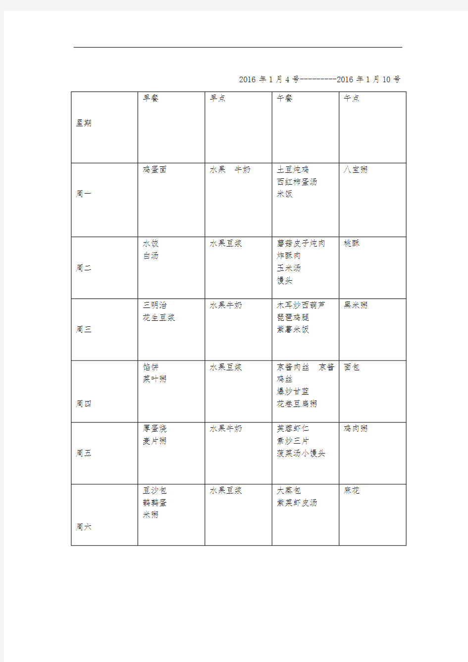 幼儿园一周食谱表