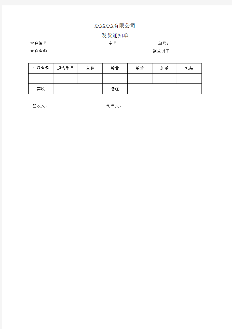 公司仓库发货通知单表格