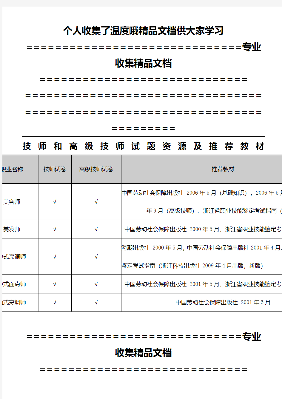 技师和高级技师试题资源及推荐教材