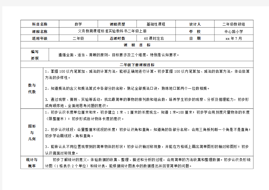 数学二年级上册课程纲要