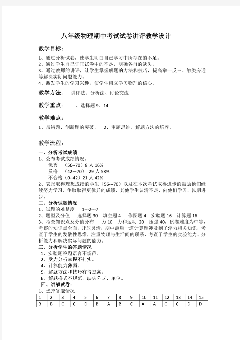 初中物理_八年级下物理期中测试讲评课试卷讲评课教学设计学情分析教材分析课后反思