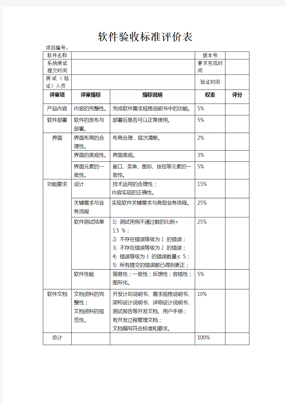 软件验收标准评价表