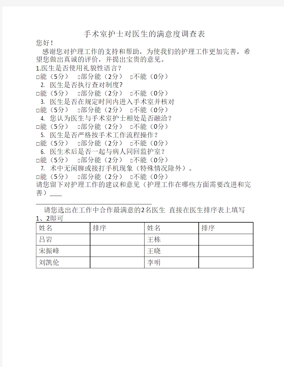 手术室护士对医生的满意度调查表