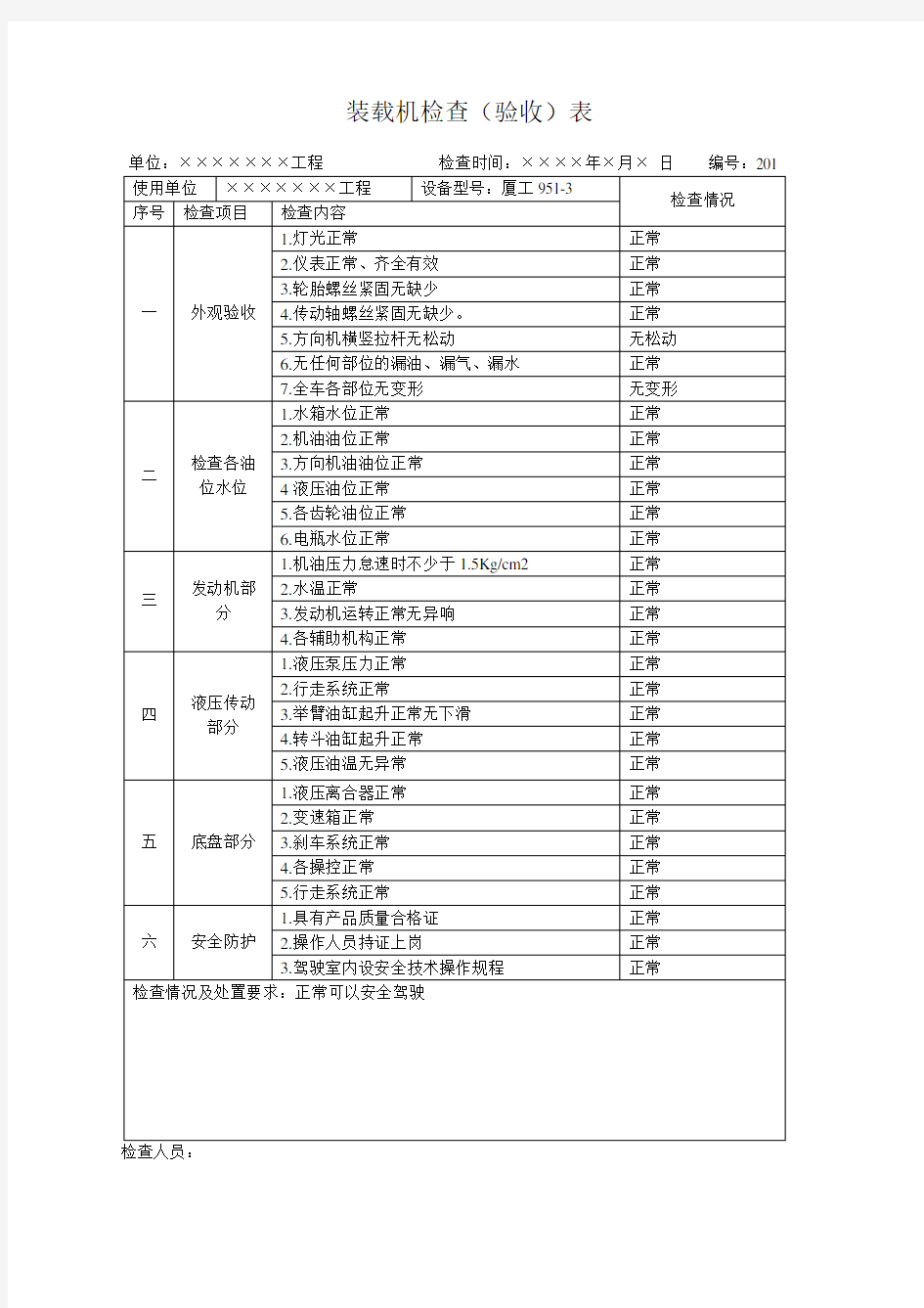 机械设备运行检查记录