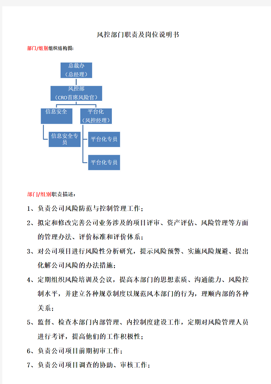 风控部门职责及风控专员岗位说明书