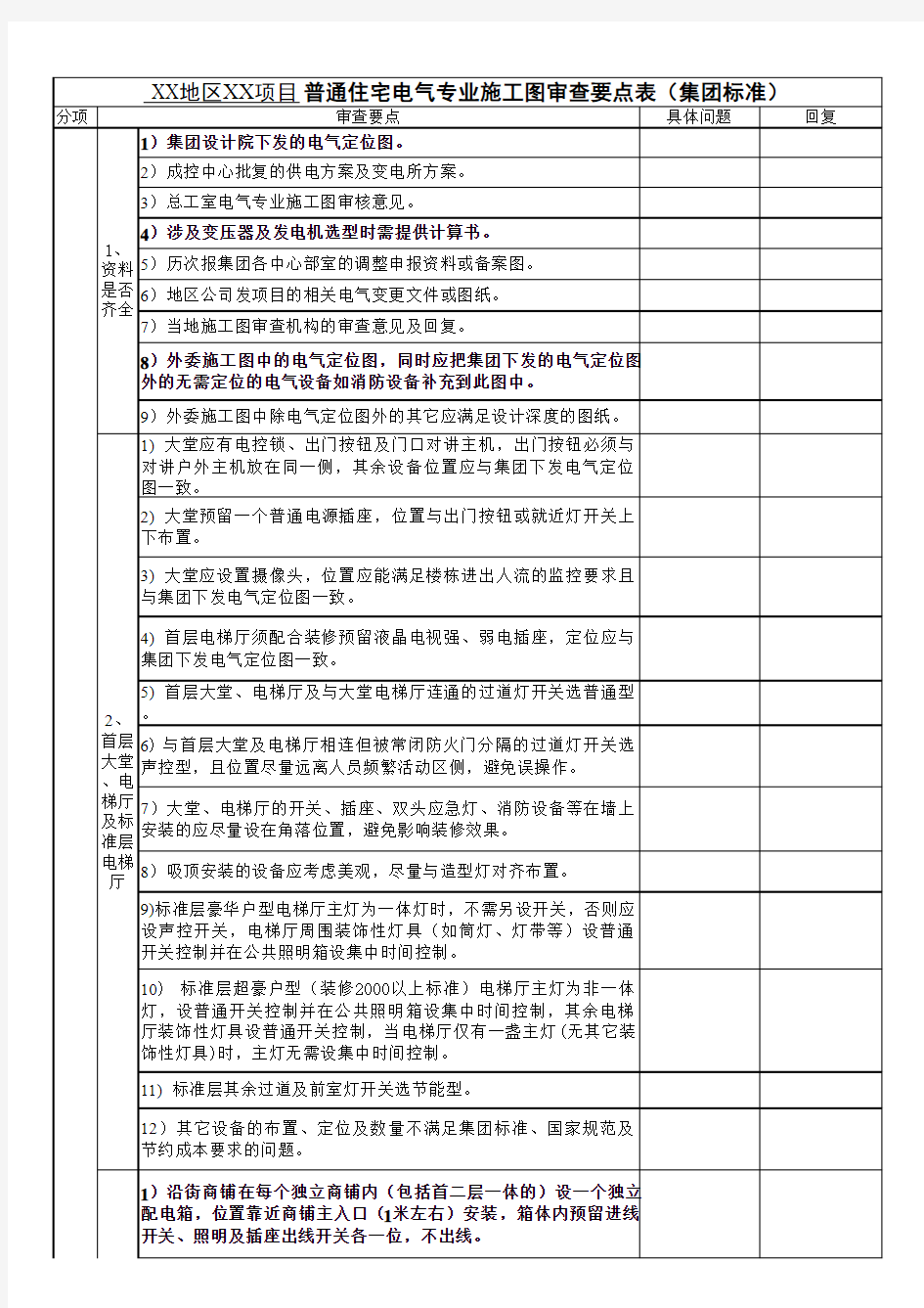 普通住宅电气施工图审查要点表