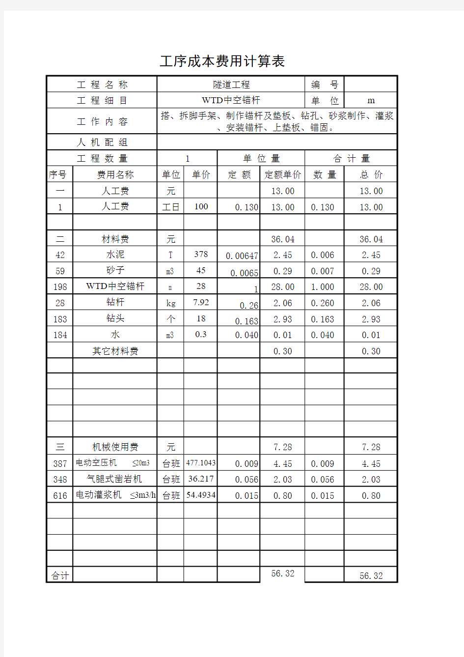 中空锚杆(隧道单价分析)