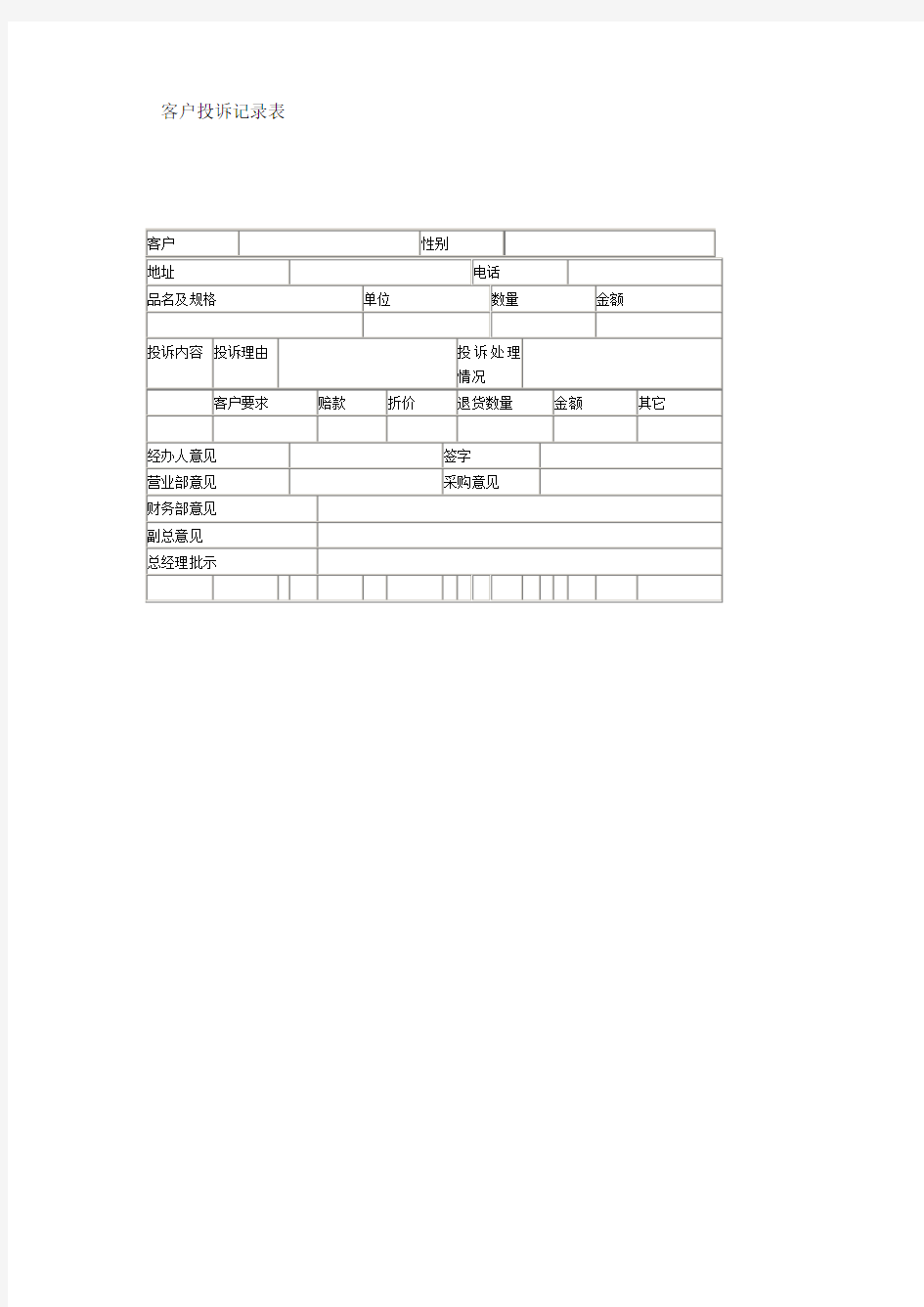 客户投诉记录表表格格式