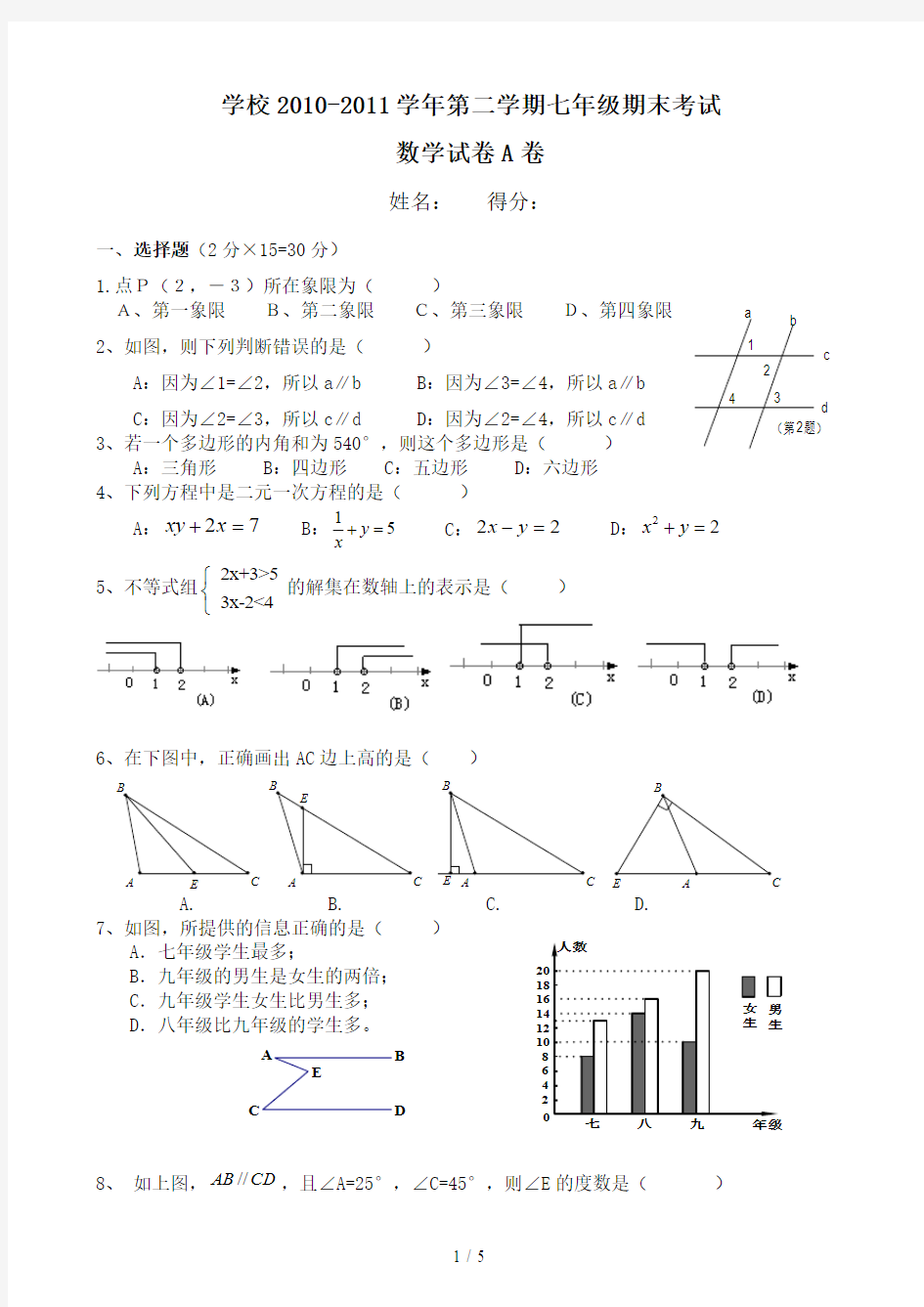 人教版初一数学下册期末测试题A卷