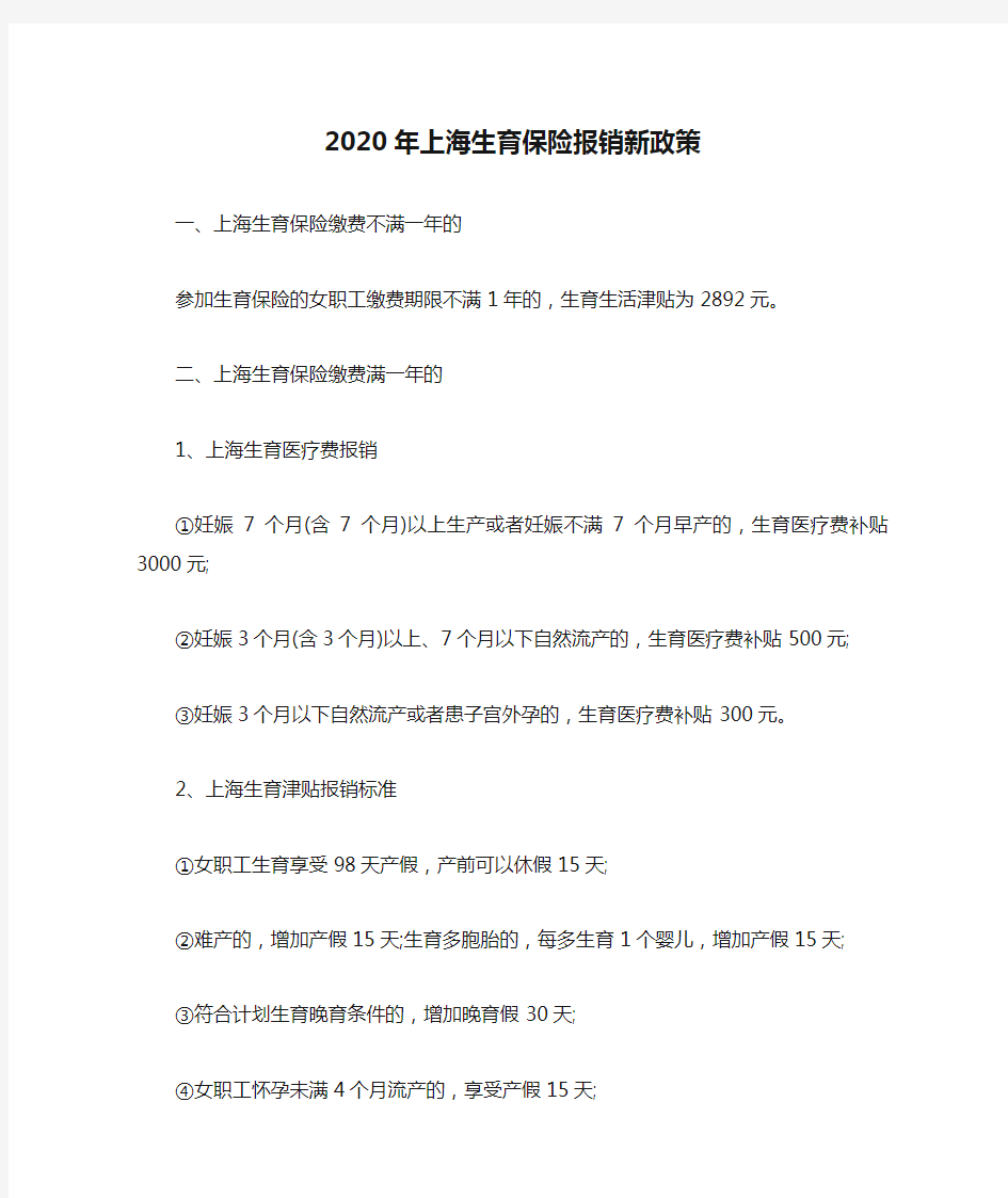 2020年上海生育保险报销新政策