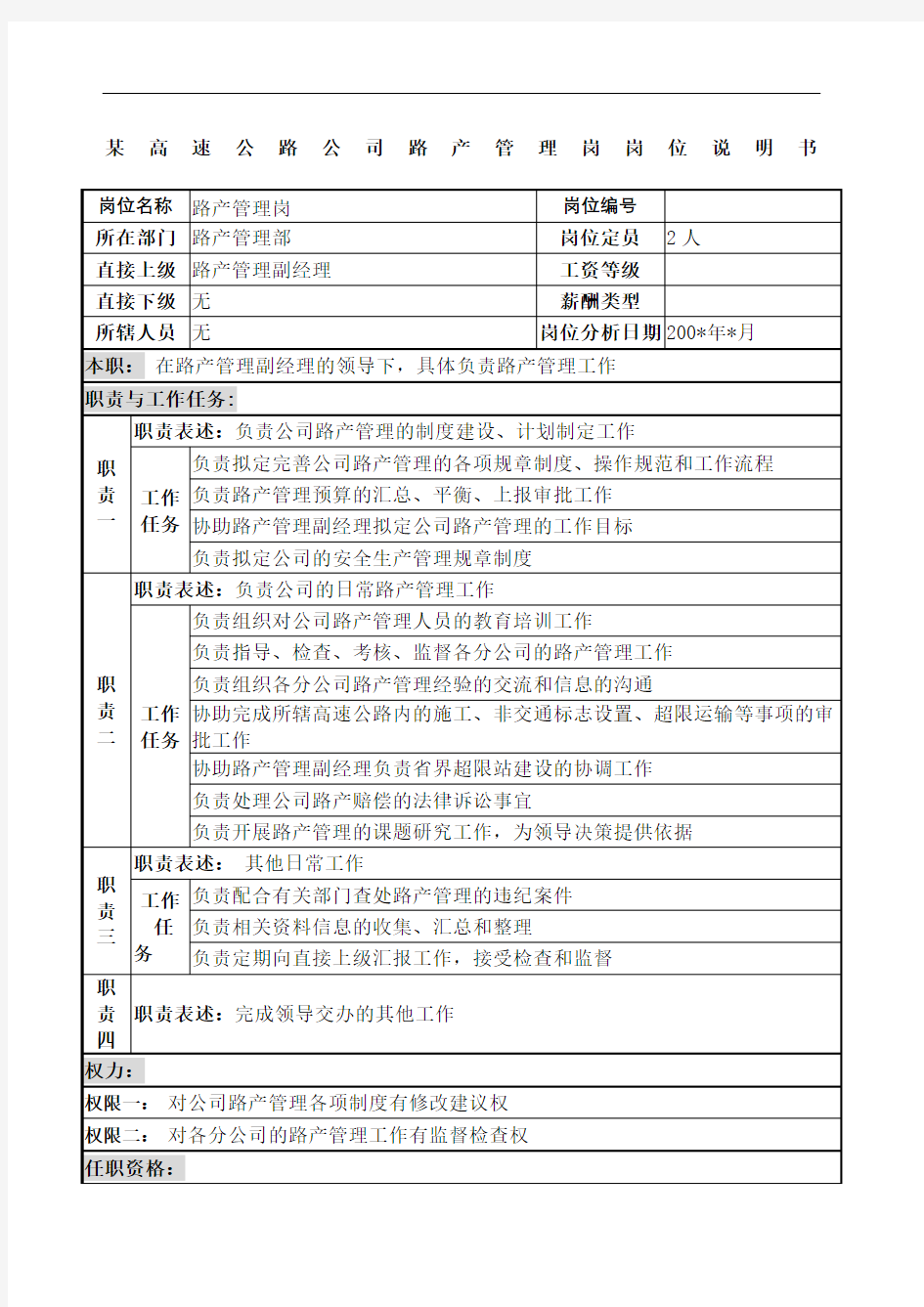 高速公路公司路产管理岗岗位说明书